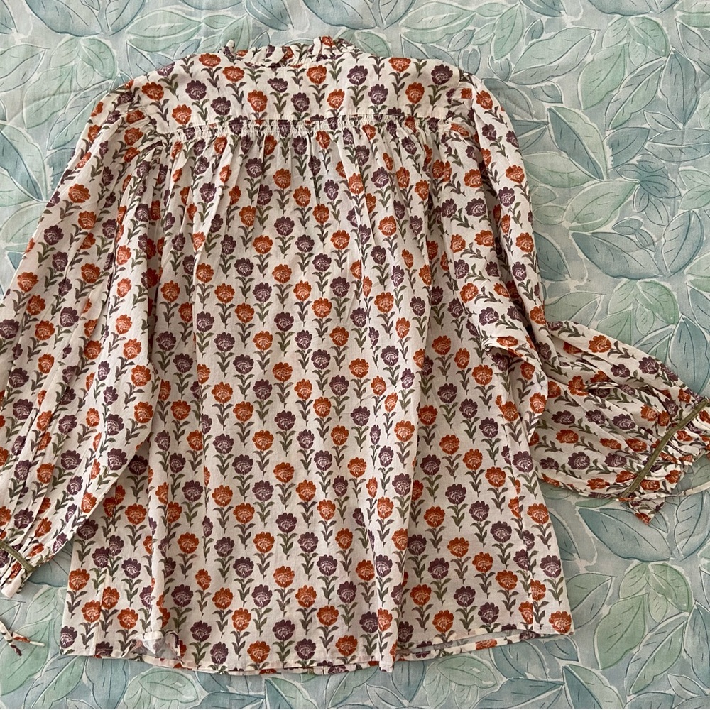 Sundance Ivory Floral Split-Neck Blouse with Orange and Purple Flowers - Picture 9 of 10